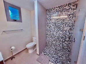 Shower, hair dryer, towels, soap