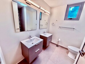 Chuveiro, secador de cabelo, toalhas de banho, sabonete