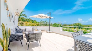 Une terrasse sur le toit avec une table et des chaises, un pot de fleurs et un fauteuil suspendu.