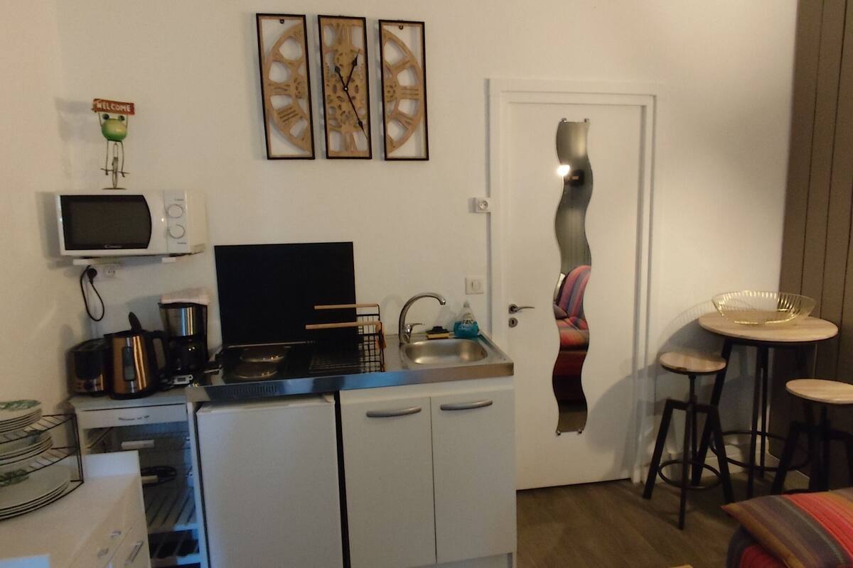 Cocina compacta con microondas, estufa y lavamanos. Hay un refrigerador pequeño, una cafetera y un letrero de 'Bienvenido' con un adorno de rana. Se ve una puerta con un espejo y un cojín colorido.