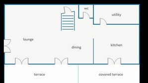 A floor plan with a lounge, dining, kitchen, terrace, covered terrace, and pool.
