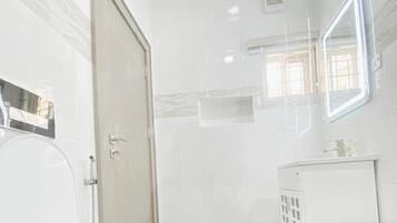 A bathroom with a toilet, a sink, and a mirror.