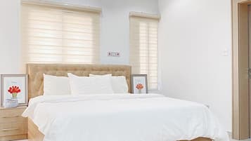 1 bedroom, desk, laptop workspace, blackout curtains