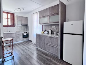 Fridge, oven, stovetop, electric kettle