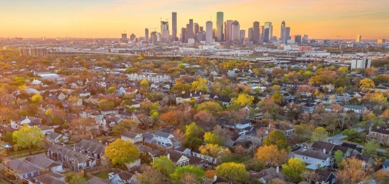 A residential area with houses and a city skyline in the background.
