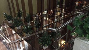 Un interior de varios niveles con barandas de vidrio, plantas en macetas y una escalera.