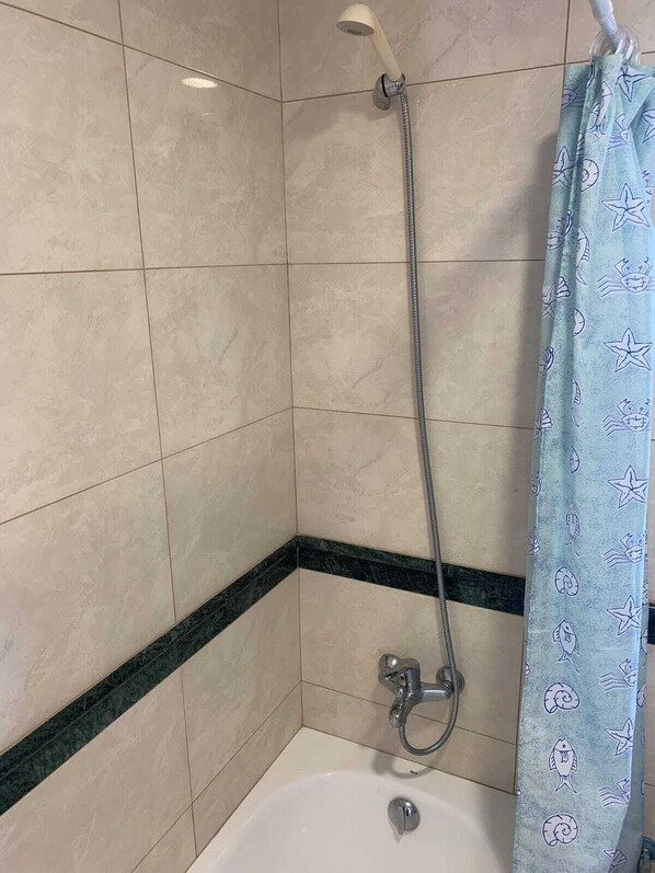 A bathroom with a shower, a bathtub, and a curtain with a starfish pattern.