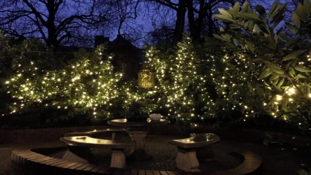 A garden with illuminated trees and a circular seating area with tables.