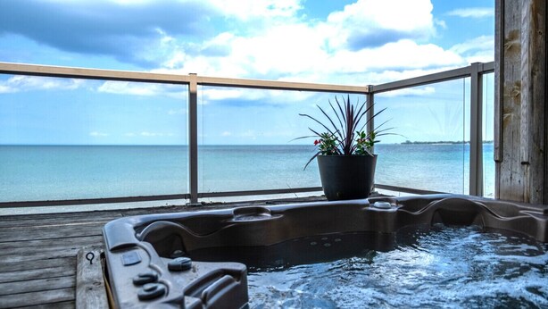Un jacuzzi avec vue sur la mer, une plante en pot et une terrasse en bois.