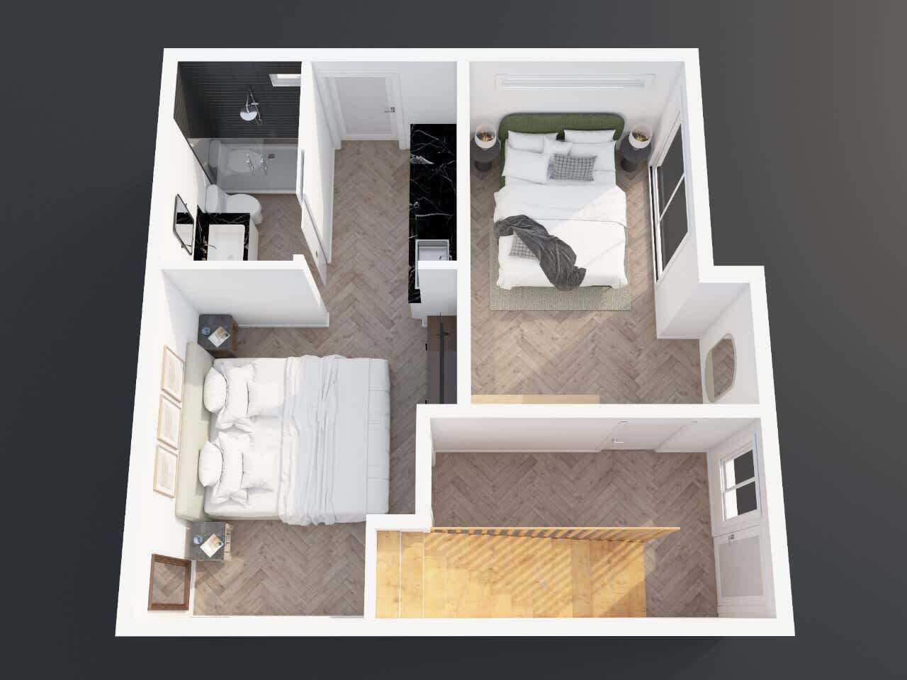 Planta baixa em 3D de um quarto de hotel com cama, banheiro, pequena cozinha e área de estar.