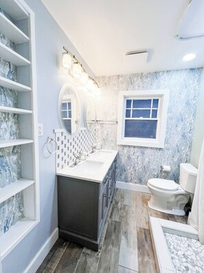 Hair dryer, towels, soap, toilet paper