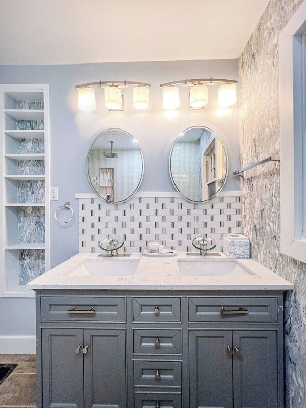 Hair dryer, towels, soap, toilet paper