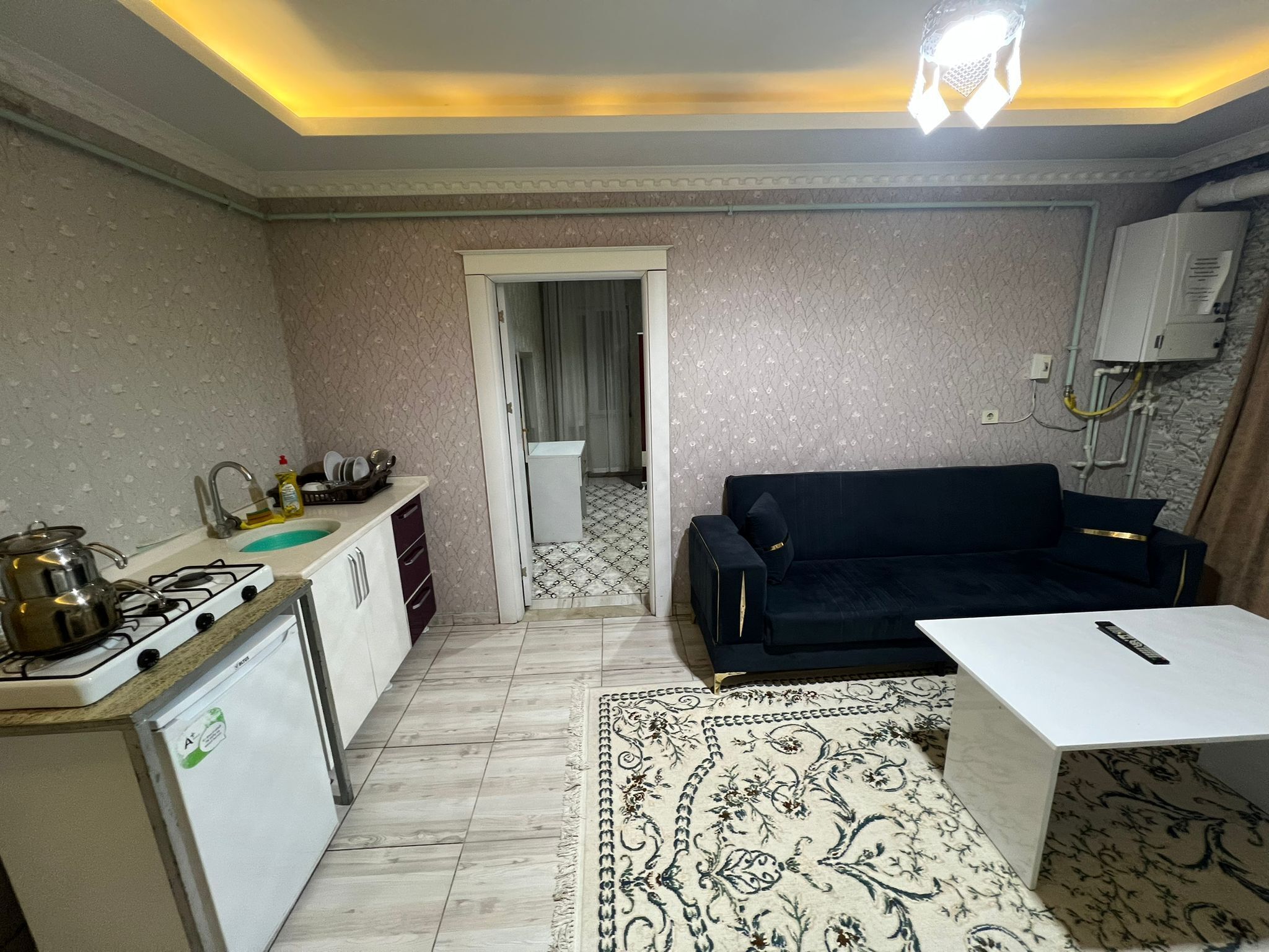 A compact living space with a kitchenette, a sofa, a dining table, and a patterned rug.