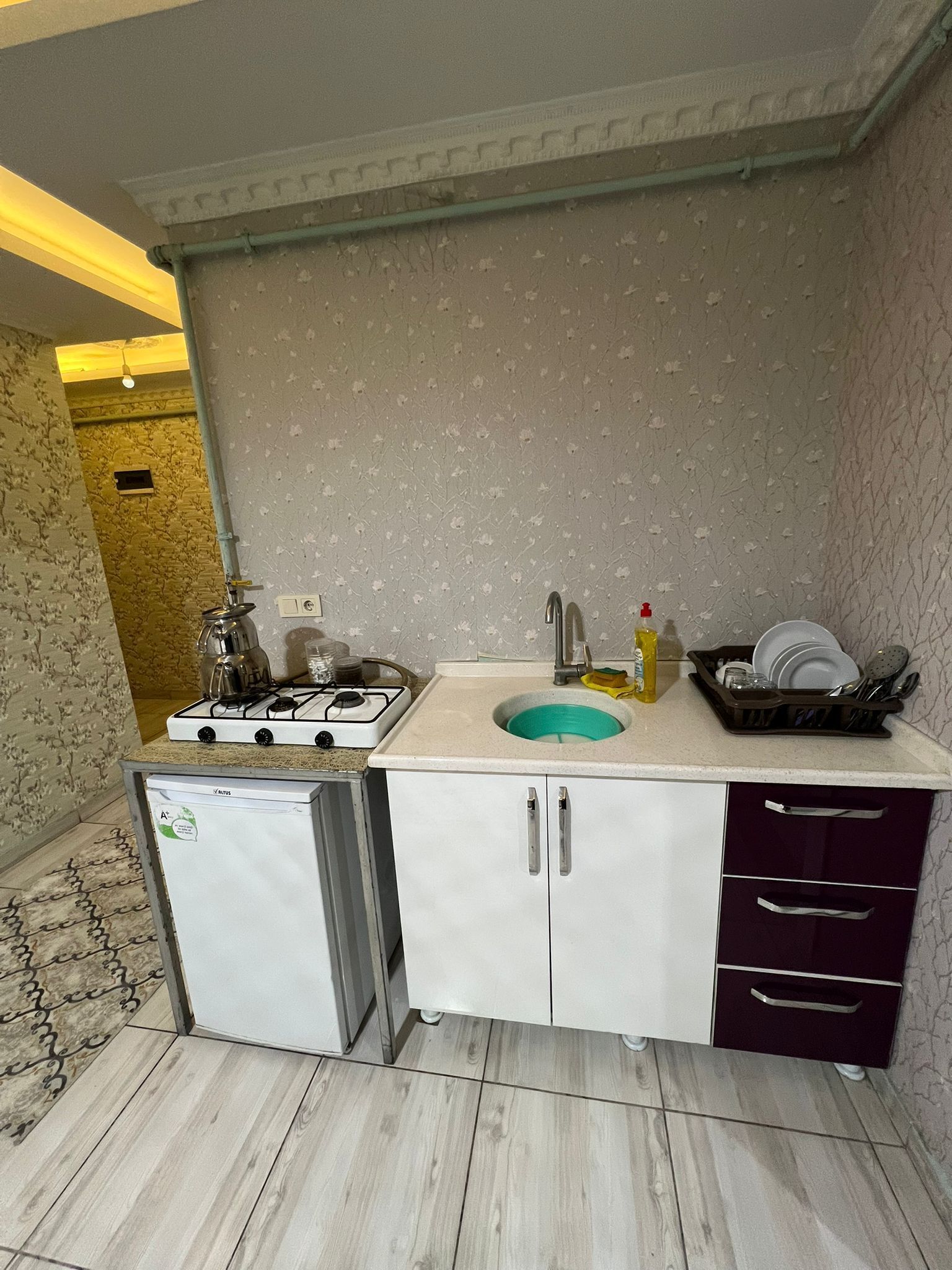 Eine kleine Küche mit Gaskochfeld, Spüle und einem Kühlschrank.
