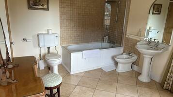 Hair dryer, bidet, towels, soap