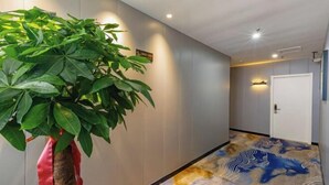 A hallway with a potted plant, a patterned carpet, and a door with a light switch. - 7 Days Inn (Zibo Zhou Village Gushangcheng Street) (Zibo)