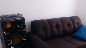 Huoneessa on ruskea sohva, sininen koristetyyny ja musta kaiutinjärjestelmä.