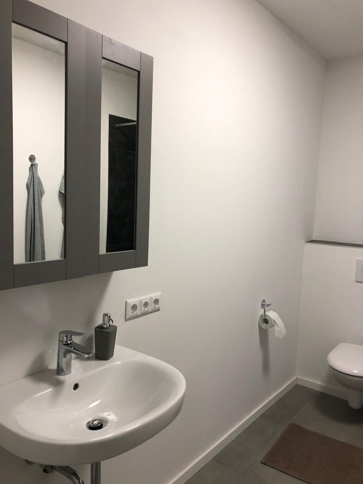 Een douche, handdoeken, toiletpapier