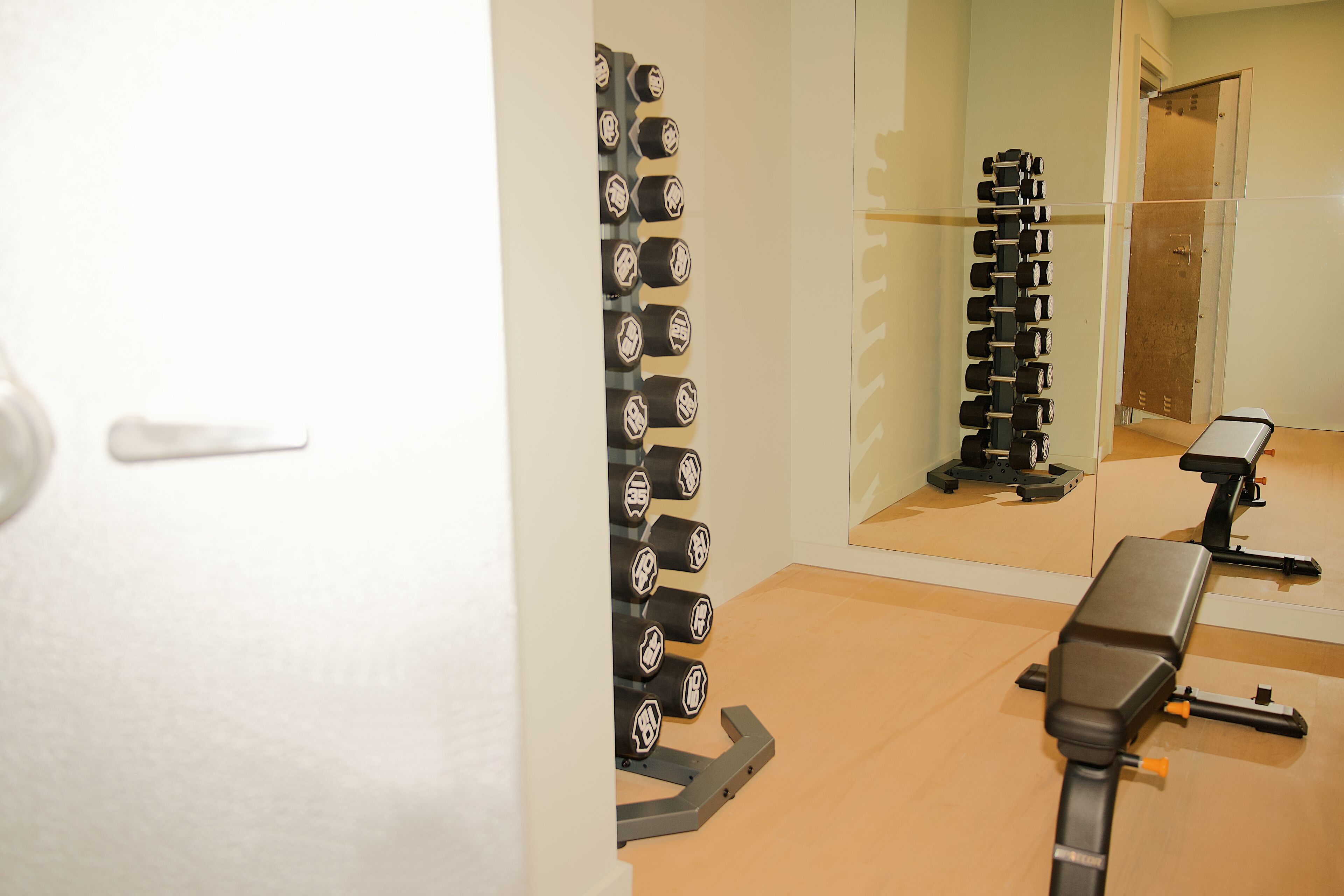 Une salle de sport équipée d’un banc et d’un porte-haltères.