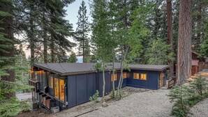 A cabin with a gravel driveway, surrounded by tall trees. - Bear Lodge (Tahoe City)