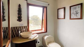 Une salle de bain avec un plafond en bois, un lavabo avec un miroir, des toilettes et deux tableaux encadrés accrochés au mur.