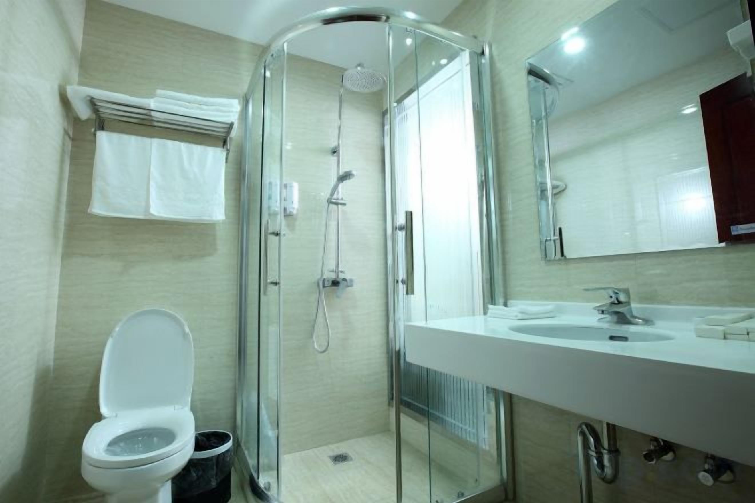 A modern bathroom with a glass-enclosed shower, a white sink, and a toilet.