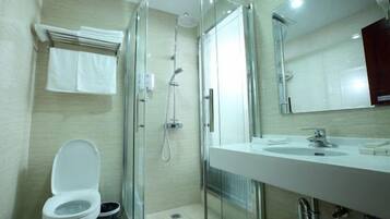 A modern bathroom with a glass-enclosed shower, a white sink, and a toilet.