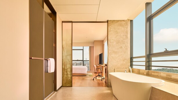 A modern bathroom with a large bathtub, a walk-in shower, and a view of the city. - Hilton Garden Inn Zhongshan South (Zhongshan)