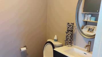 Secadora de cabello, toallas, shampoo, papel de baño