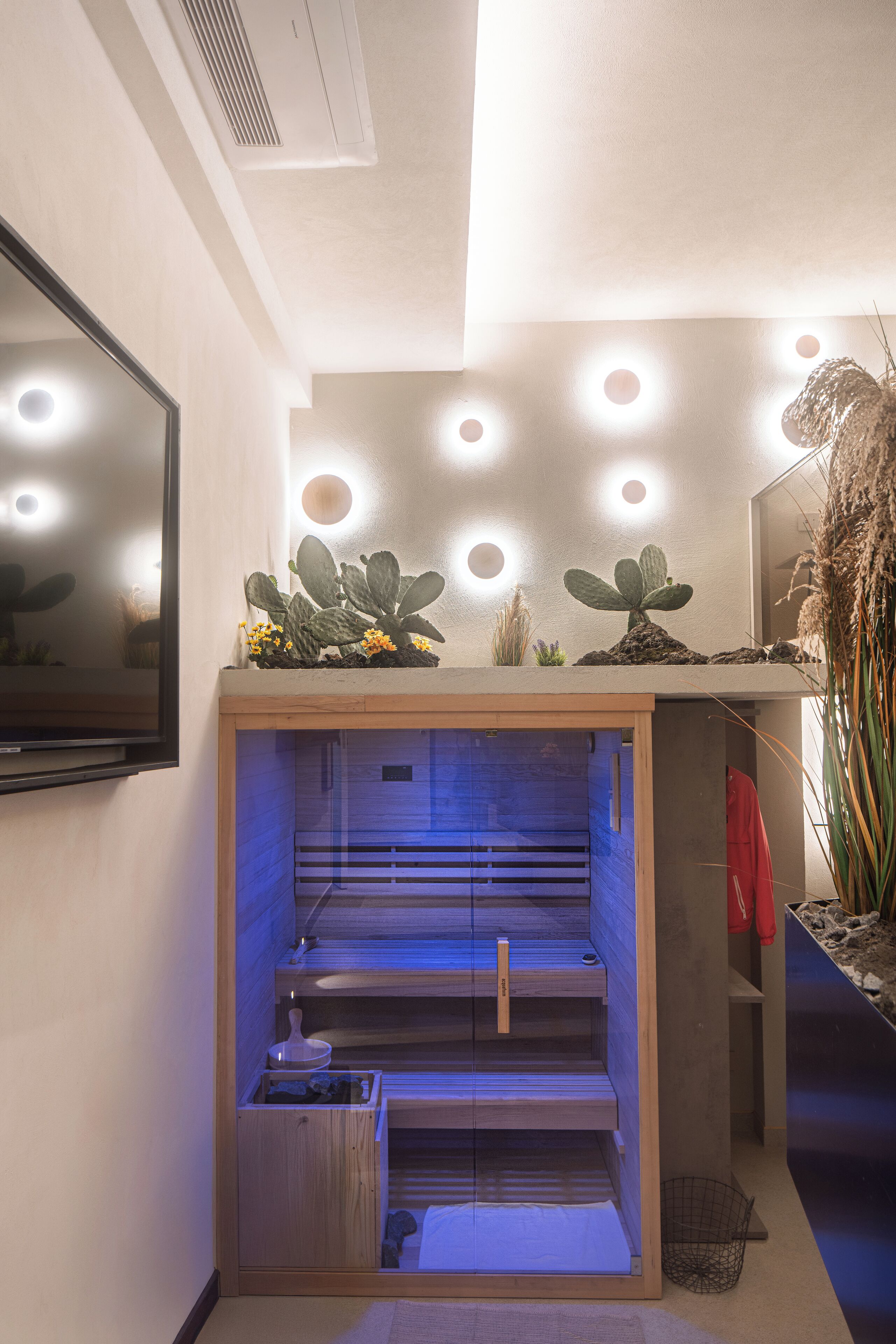 Een moderne badkamer met een ingebouwde sauna, een spiegel en een plank met planten.