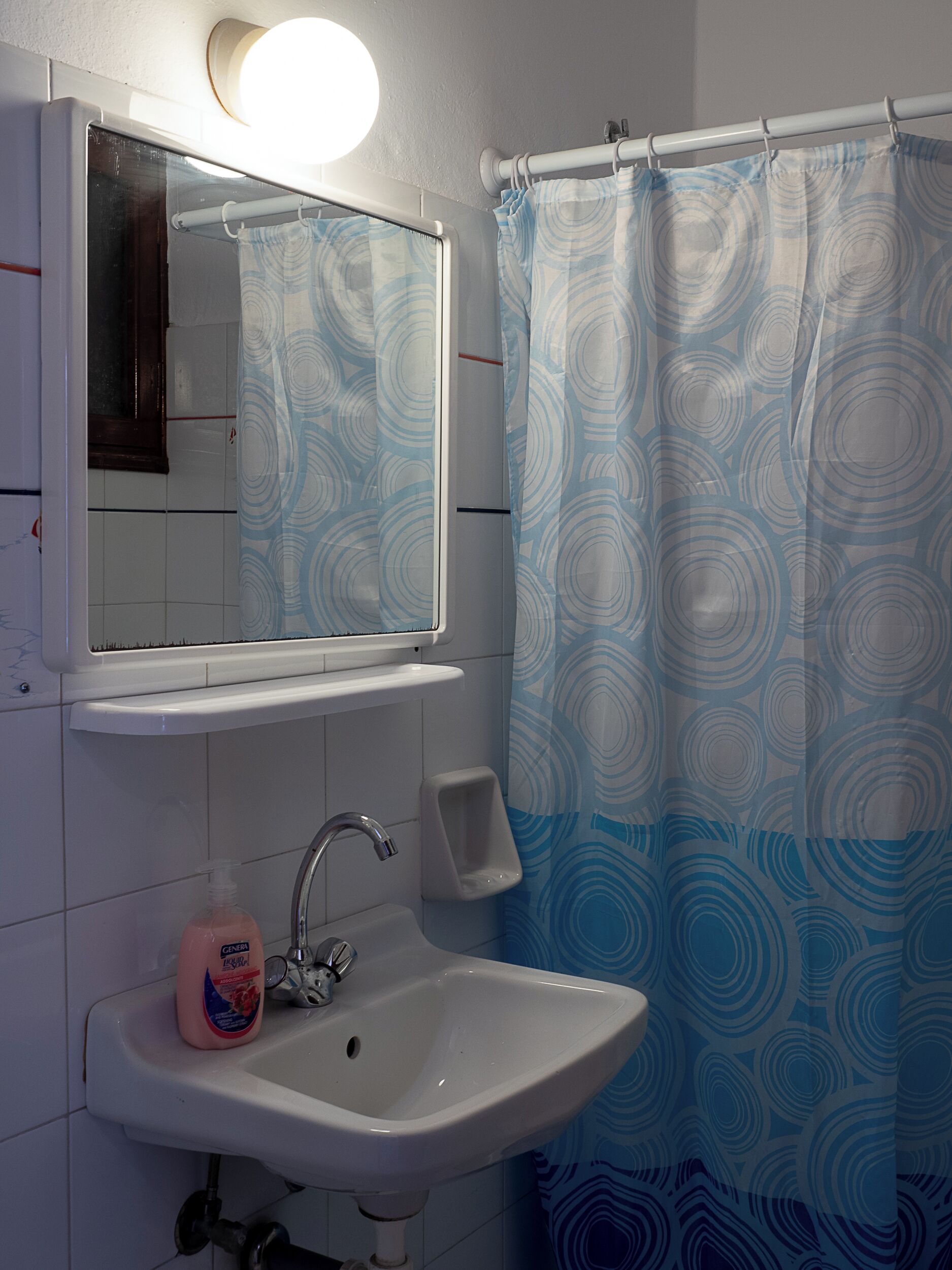 A bathroom with a white sink, a mirror above it, a soap dispenser, and a shower curtain with a blue circular pattern.