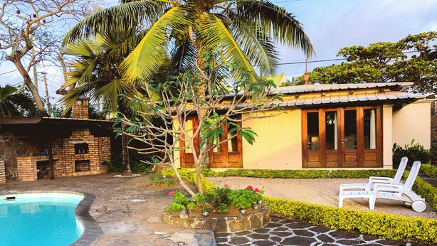 A pool area with stone tiles, a small garden with plants and a palm tree, and a building with a tiled roof and wooden doors. - Laurels Villas (Pereybere)