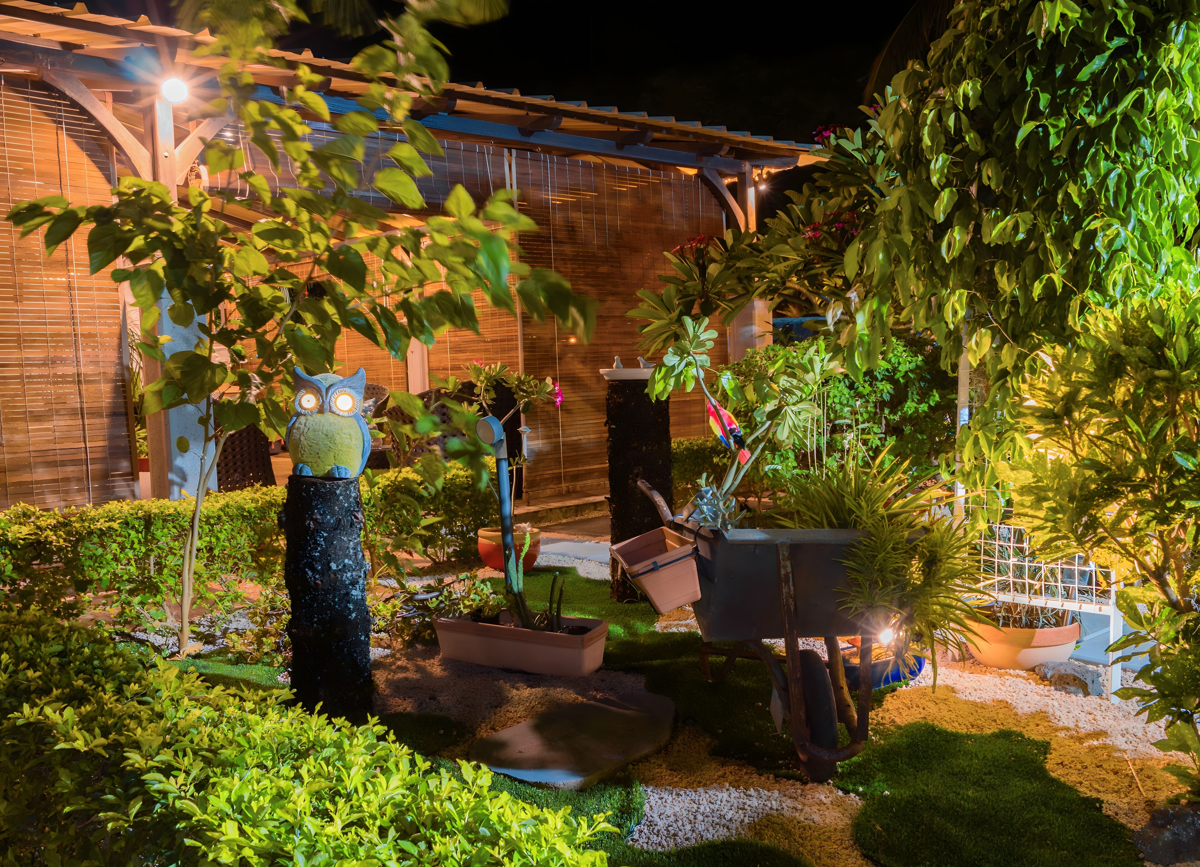 A well-lit garden with a wooden pergola, various potted plants, and a decorative owl statue.