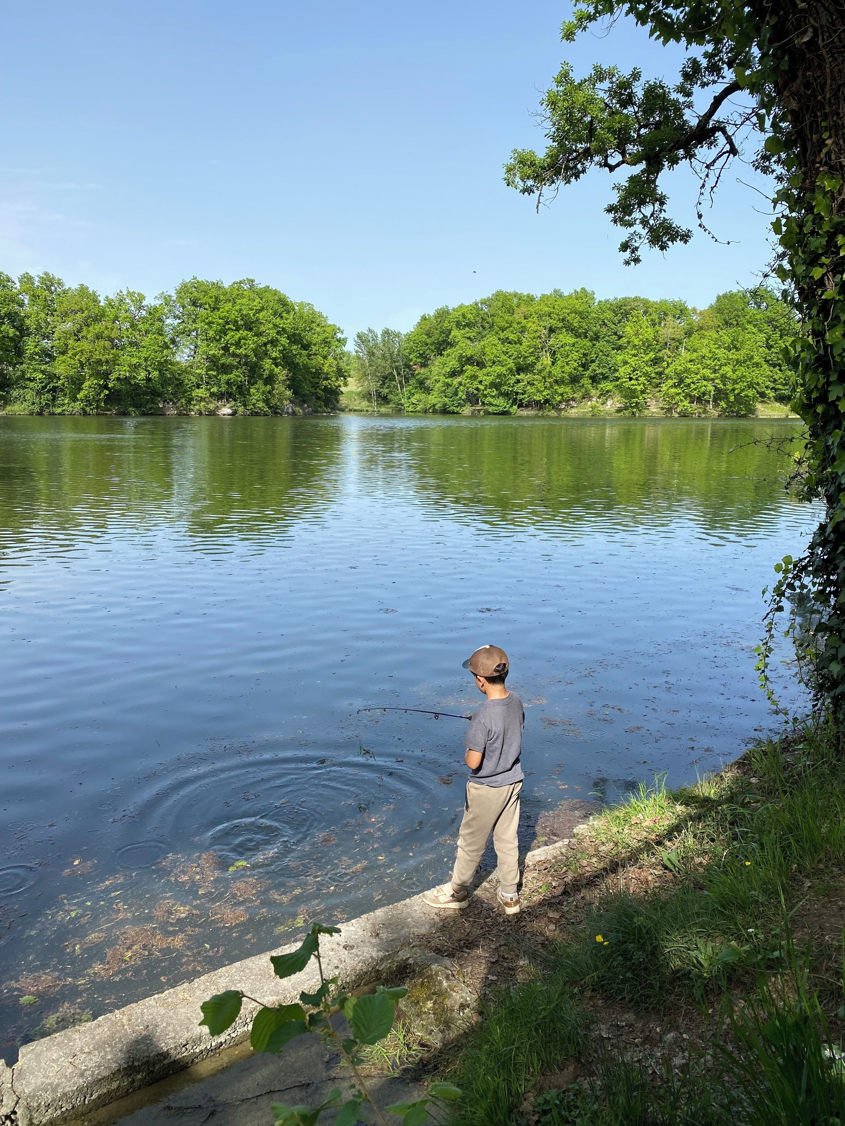 A person fishing by a calm lake surrounded by lush greenery.