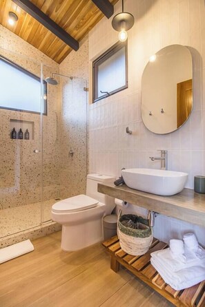 Eco-friendly toiletries, hair dryer, towels
