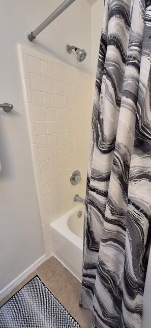 Hair dryer, towels, soap, toilet paper