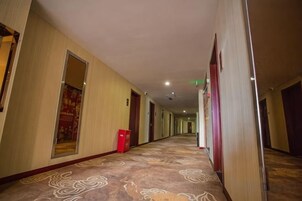 A hotel corridor with doors on both sides, carpeted floors, and a red object on the left.