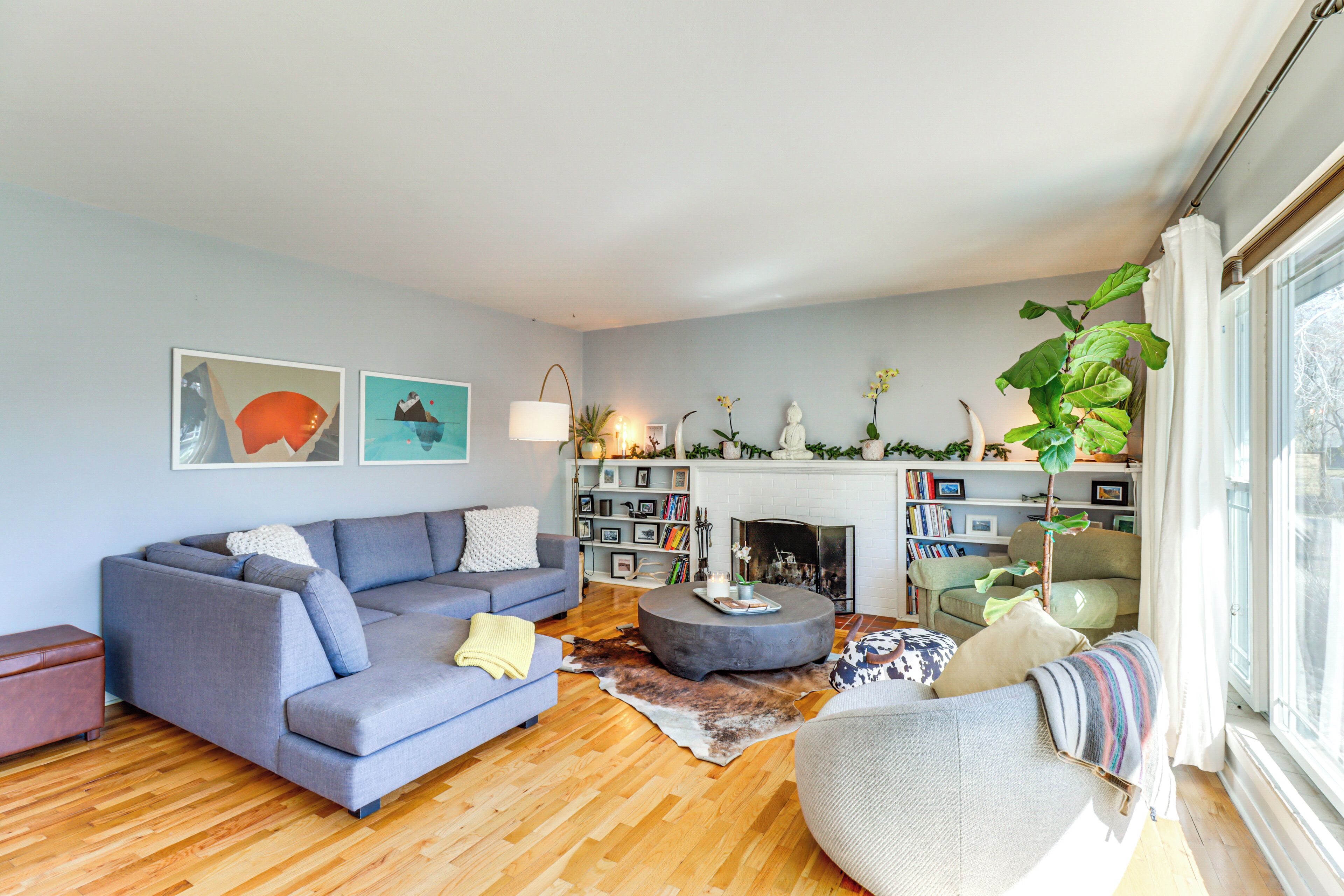 TV, fireplace, table football, books