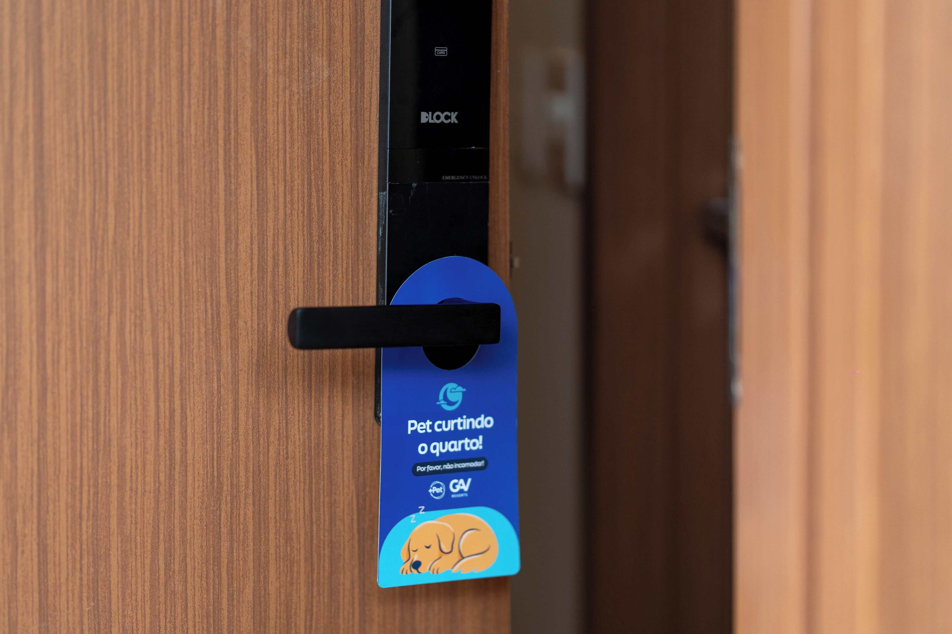Une porte avec une médaille d’identification pour animal de compagnie bleue, suspendue à une poignée noire.
