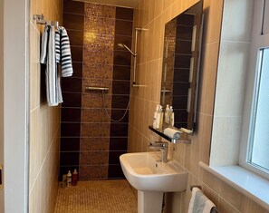 Douche, sèche-cheveux, serviettes fournies, savon