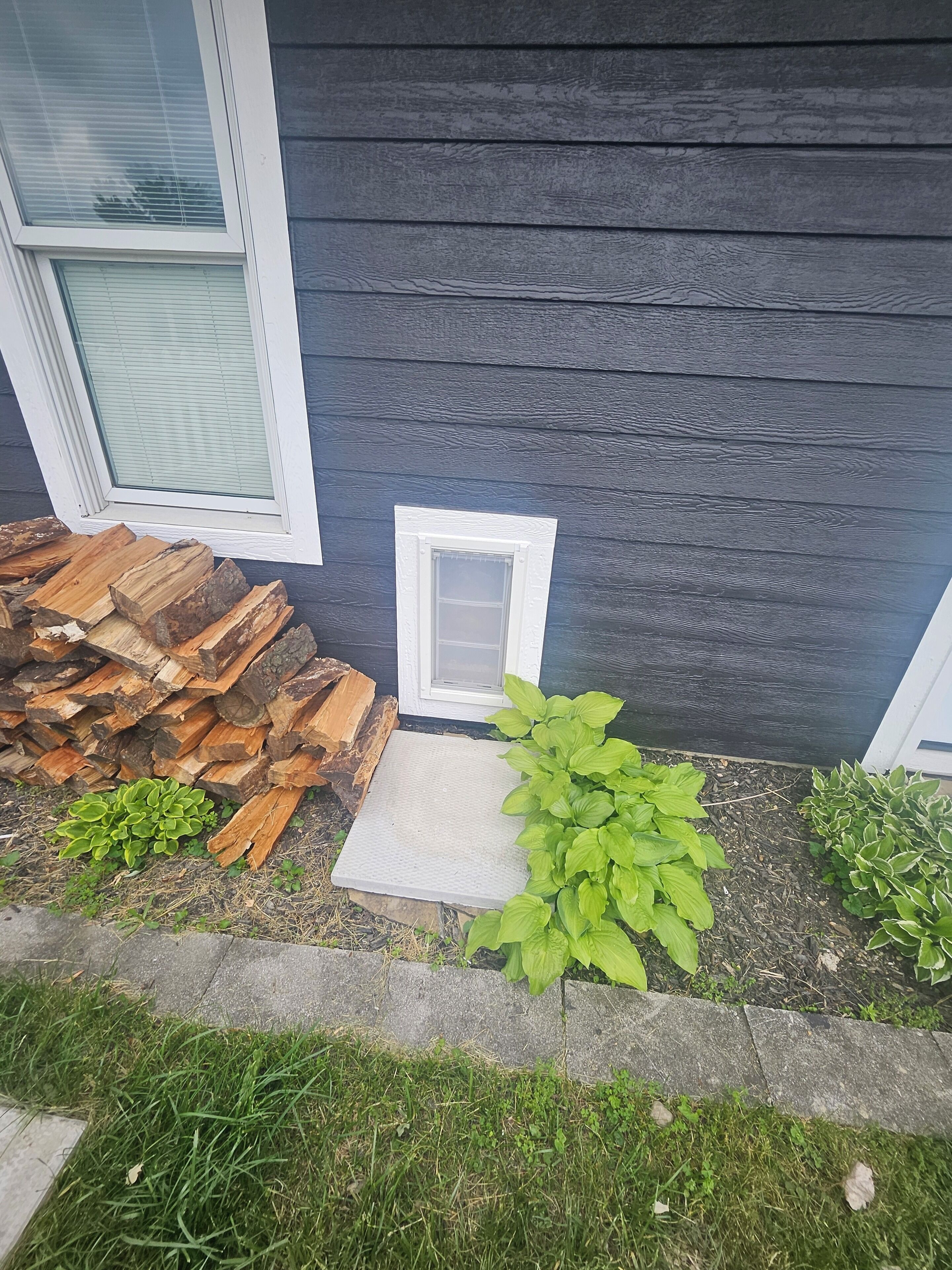 A house exterior with a stack of firewood, a small garden with green plants, and a window with a white frame.