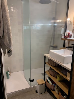 Hair dryer, towels, soap, toilet paper