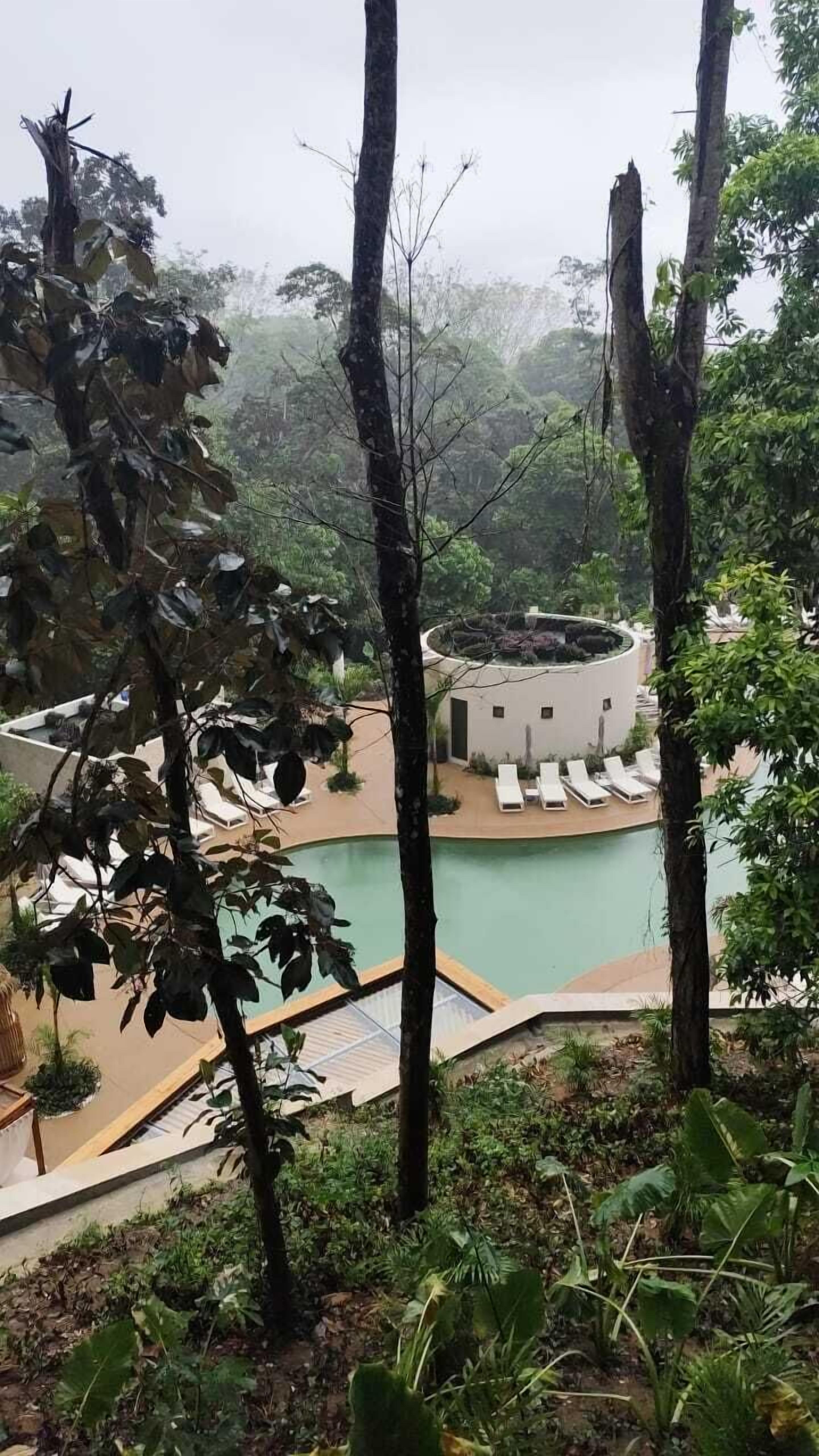A resort with a pool, lounge chairs, and a building surrounded by trees.