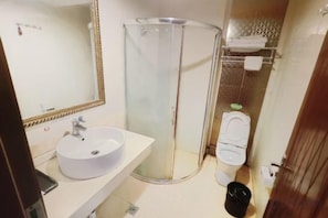 Une salle de bain avec un lavabo rond, une cabine de douche en verre et des toilettes.