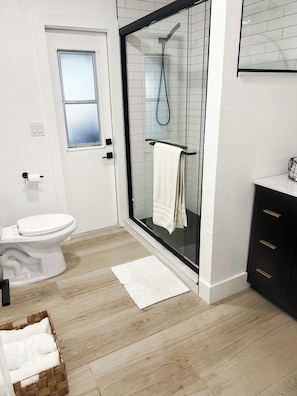 Shower, hair dryer, towels, toilet paper