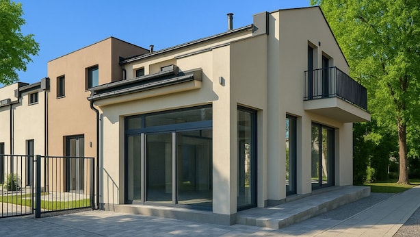 Ein modernes, zweistöckiges Gebäude mit flachem Dach, großen Glasfenstern und einem Balkon.
