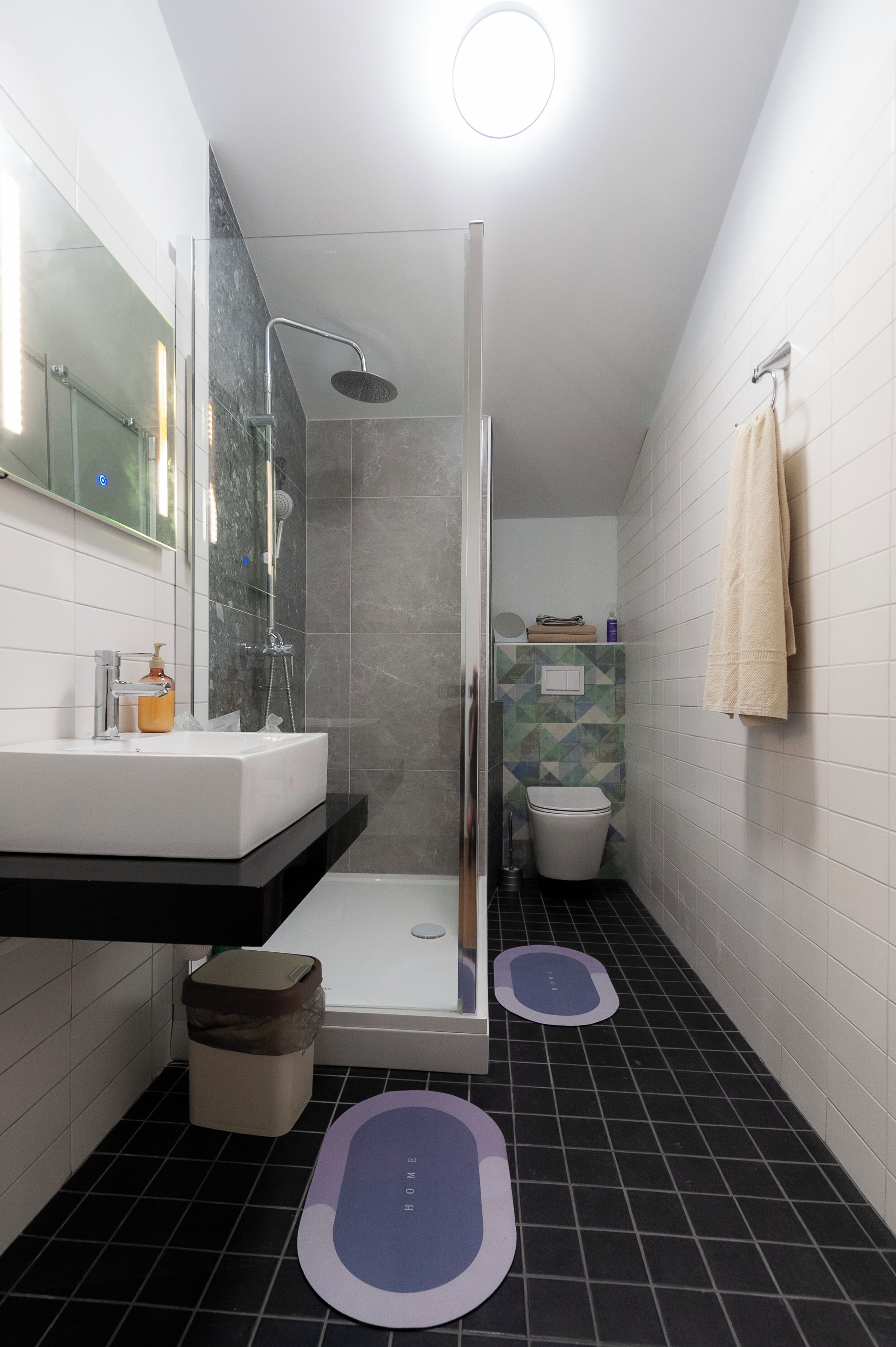 Une salle de bain moderne avec une douche à parois de verre, un lavabo avec un miroir et des toilettes.