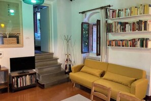 Fernseher, Bücher, Musikbibliothek, Stereoanlage