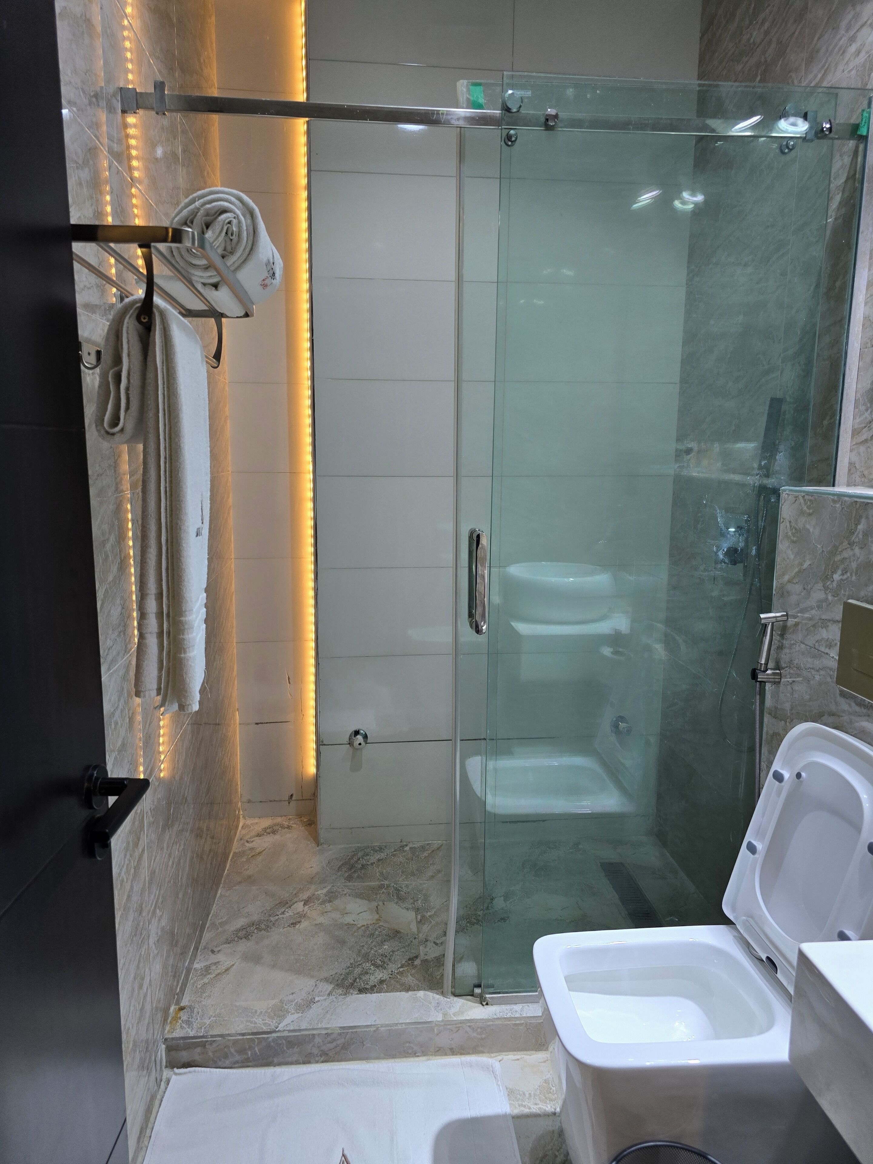 A modern bathroom with a glass-enclosed shower, a toilet, and a bidet.