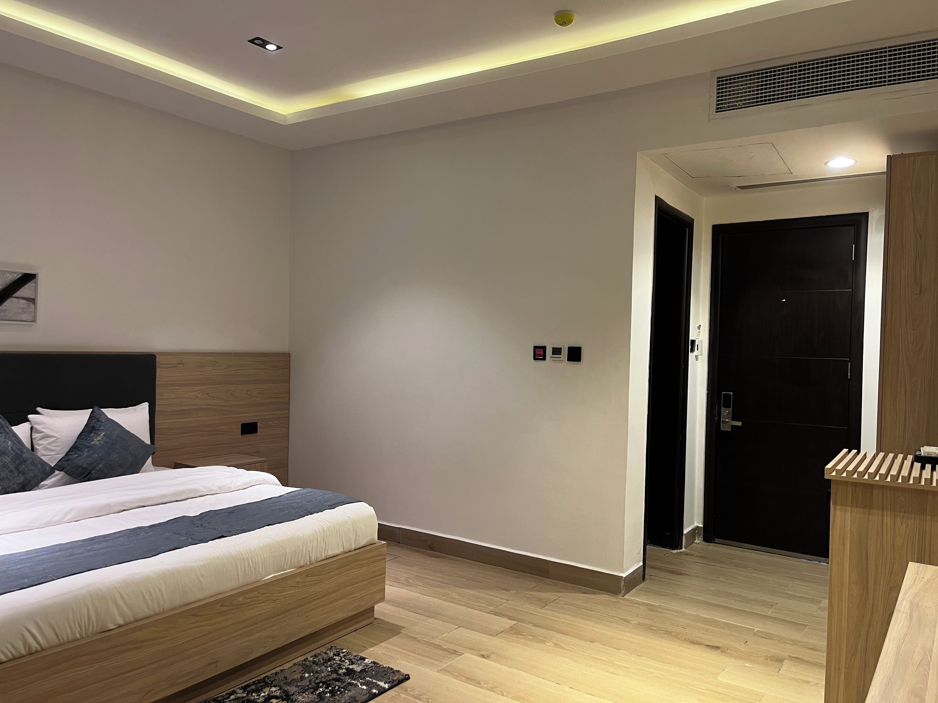 Un dormitorio moderno con una cama de madera, una alfombra pequeña y una puerta que da a otra habitación.